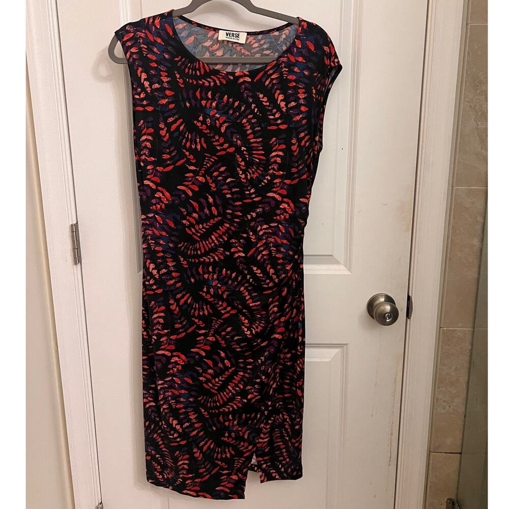 Verse Saskia Knit Sheath black abstract ruched cocktail Midi dress L USA
